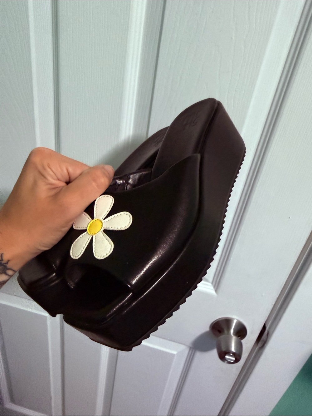 Dolls Kill Black Platform Slide Sandals with White Daisy new